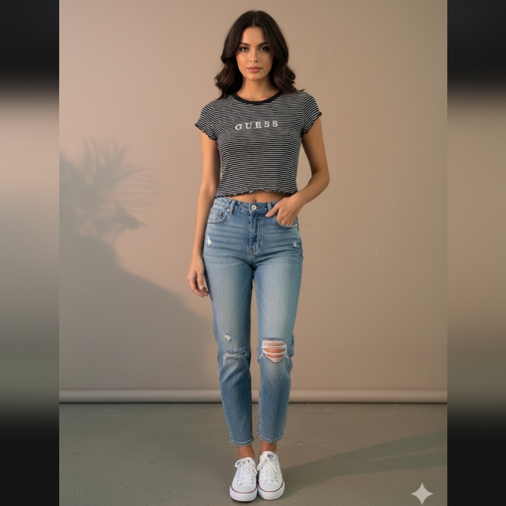 Guess Women's Black and White Striped Tee